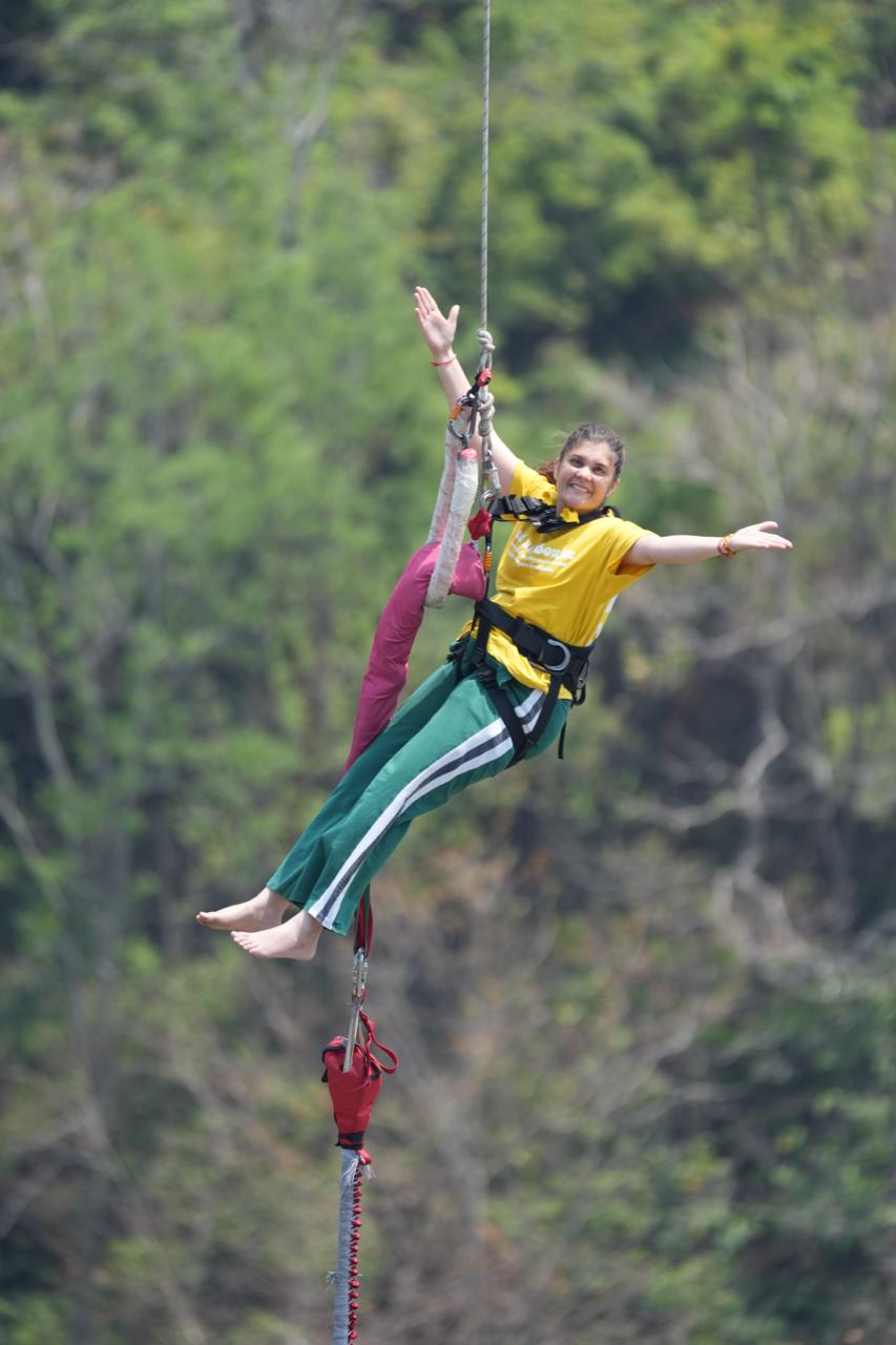 Vertical view of the bungy rig and river gorge below